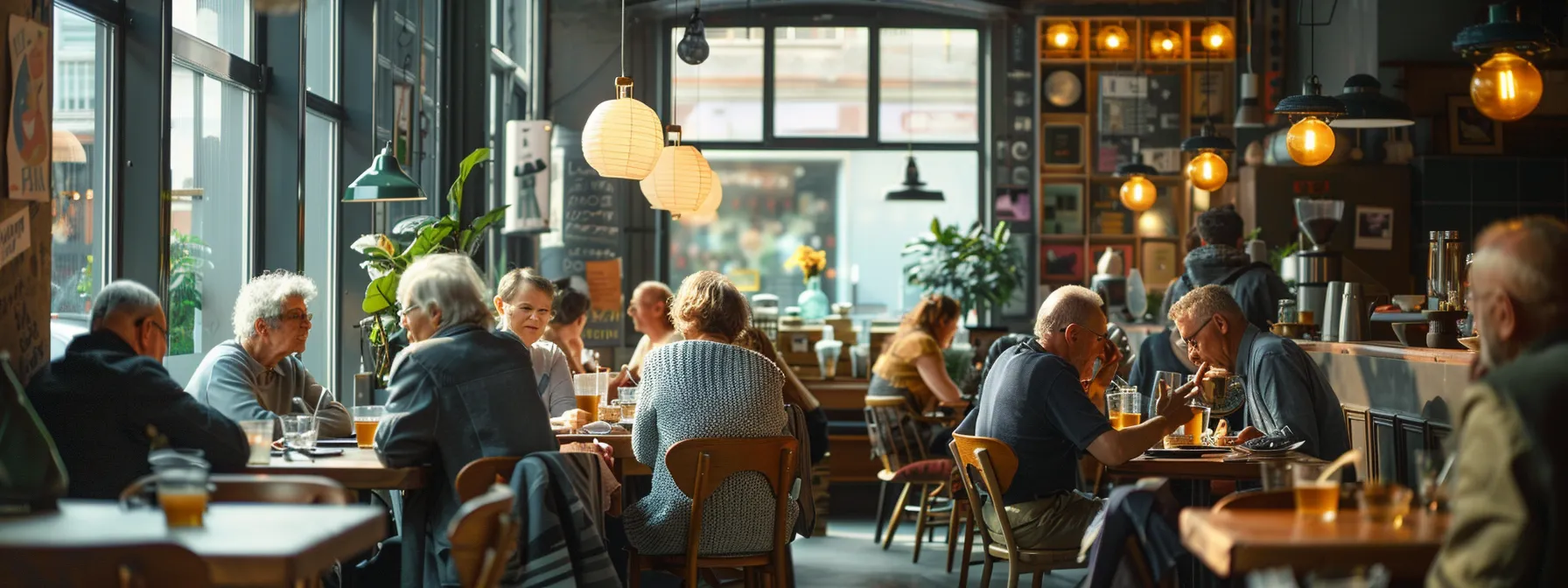 a vibrant, bustling urban café filled with older people engaged in animated conversation, surrounded by modern décor and stylish furnishings that create an inviting atmosphere.