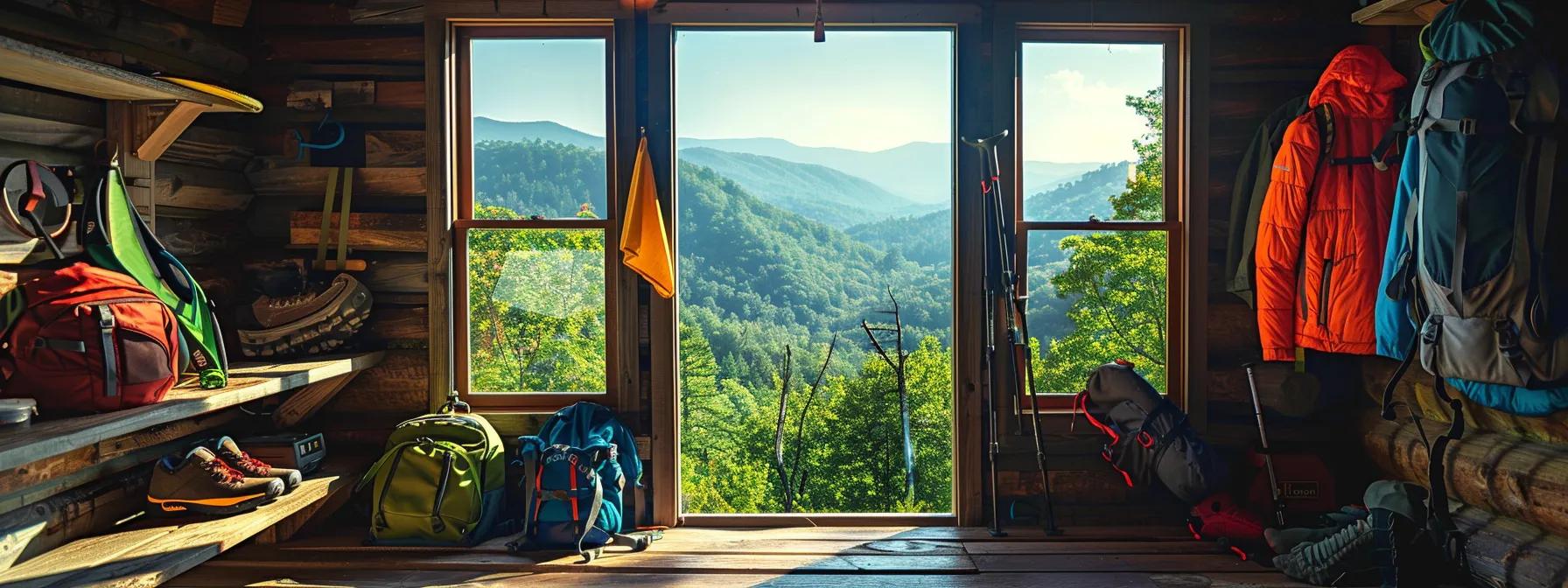 a vibrant cabin rental nestled at the foot of the blue ridge mountains, showcasing well-organized hiking gear and a welcoming guide ready to assist adventurous travelers. a vibrant cabin rental nestled at the foot of the blue ridge mountains, showcasing well-organized hiking gear and a welcoming guide ready to assist adventurous travelers.