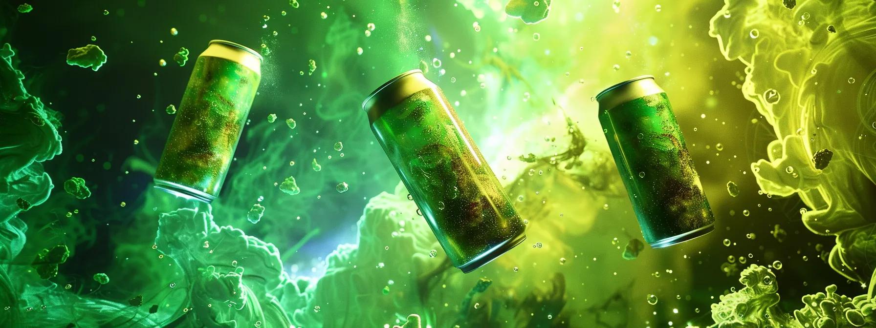 vibrant cans of sativa-infused seltzers float majestically against a cosmic backdrop of swirling nebulas and planetary hues, artfully illuminated in varying shades of green to evoke the essence of cannabis and creativity. vibrant cans of sativa-infused seltzers float majestically against a cosmic backdrop of swirling nebulas and planetary hues, artfully illuminated in varying shades of green to evoke the essence of cannabis and creativity.