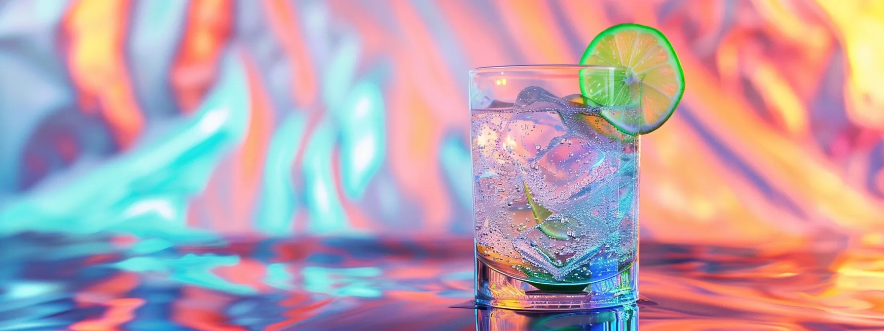 a vibrant, chilled thc-infused seltzer in a clear glass, adorned with a fresh slice of lime, rests against a dreamy, retro-futuristic backdrop filled with swirling colors, capturing a playful and social ambiance perfect for a relaxed evening gathering. a vibrant, chilled thc-infused seltzer in a clear glass, adorned with a fresh slice of lime, rests against a dreamy, retro-futuristic backdrop filled with swirling colors, capturing a playful and social ambiance perfect for a relaxed evening gathering.