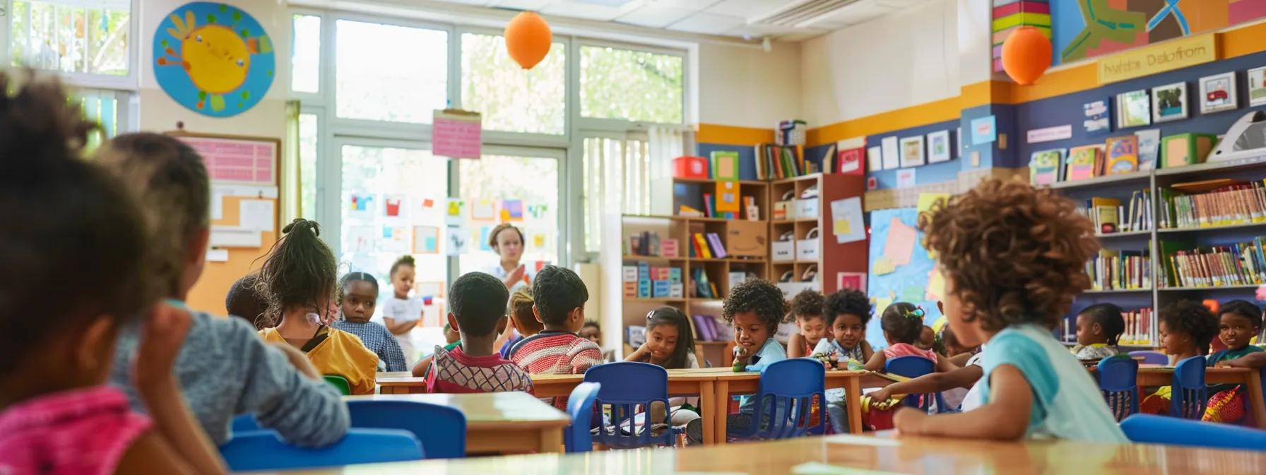a vibrant classroom filled with diverse children eagerly participating in a storytelling session, surrounded by colorful bookshelves and interactive learning materials that ignite their imaginations and foster a sense of empowerment. a vibrant classroom filled with diverse children eagerly participating in a storytelling session, surrounded by colorful bookshelves and interactive learning materials that ignite their imaginations and foster a sense of empowerment.