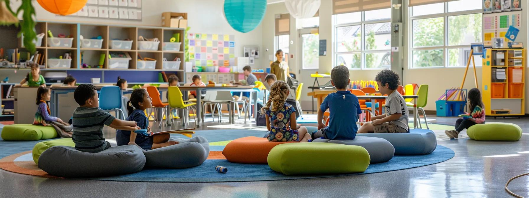 a vibrant classroom setting featuring kaiko fidgets seamlessly integrated into a sensory zone, showcasing diverse students engaging in focused learning activities amidst calming, supportive decor. a vibrant classroom setting featuring kaiko fidgets seamlessly integrated into a sensory zone, showcasing diverse students engaging in focused learning activities amidst calming, supportive decor.
