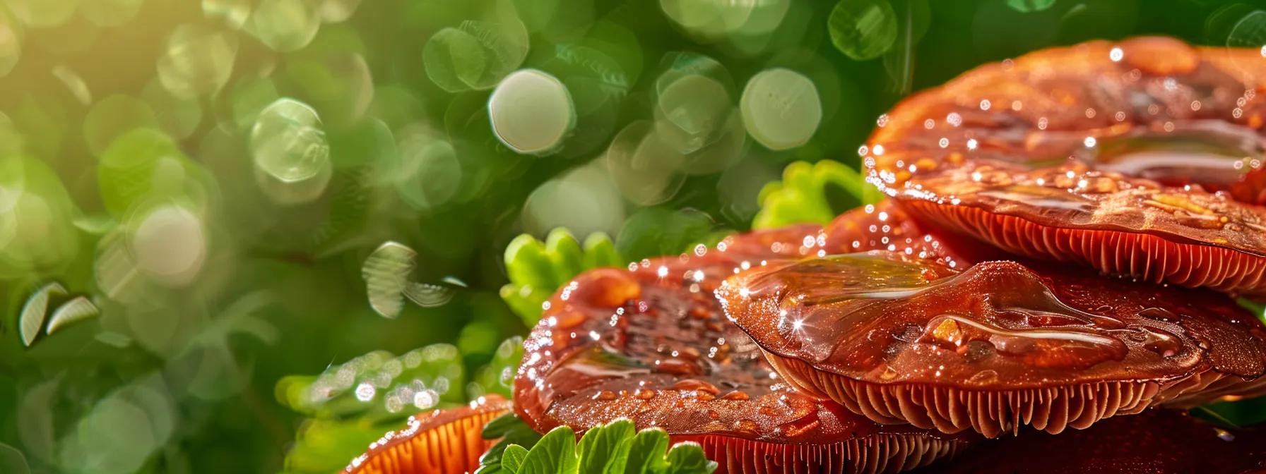 a vibrant, close-up scene of fresh reishi mushrooms glistening with morning dew, set against a softly blurred lush green forest background, evoking a sense of natural wellness and vitality.