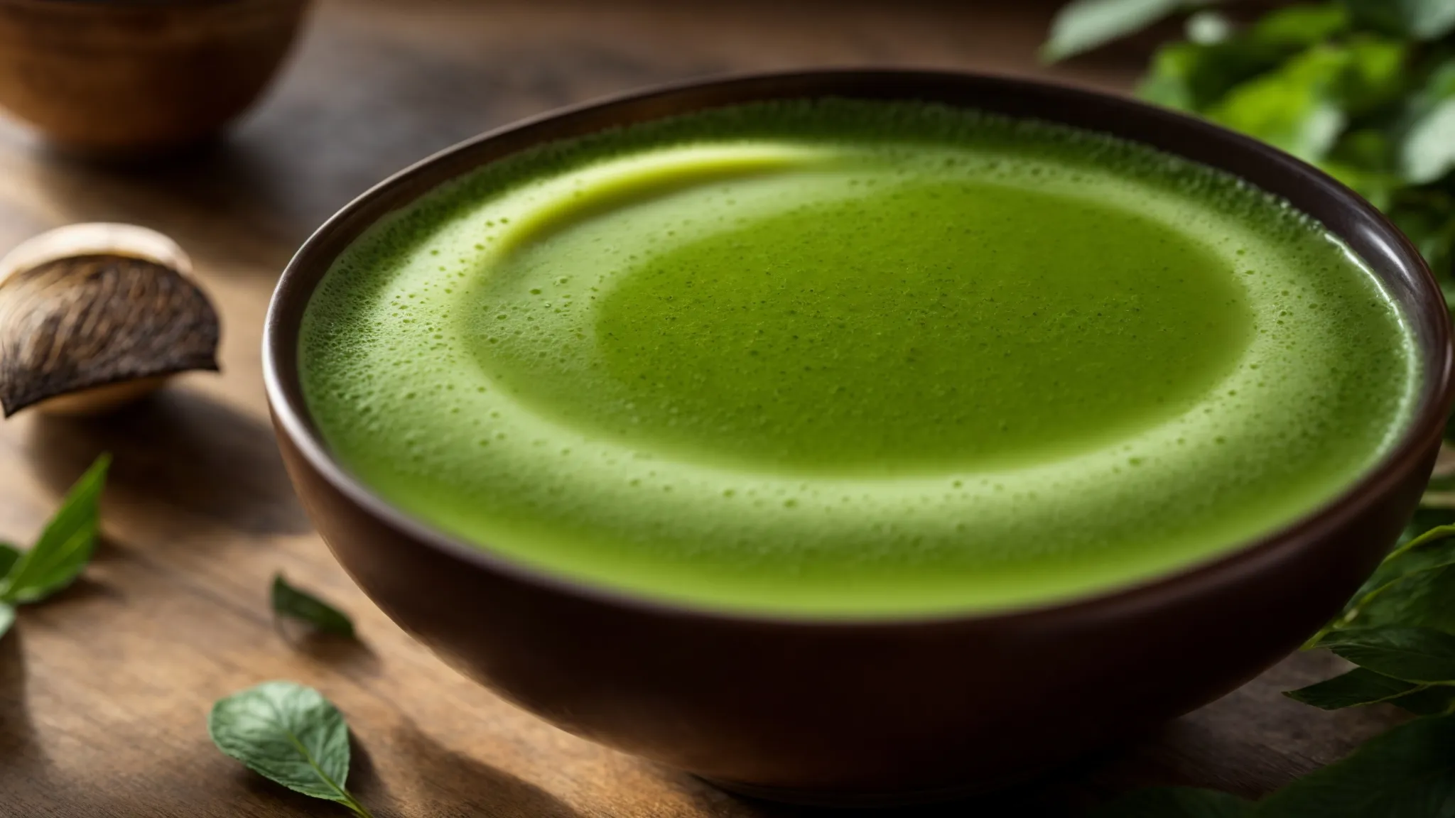 a vibrant, close-up shot of a frothy matcha tea in a traditional bowl, surrounded by lush green tea leaves and a hint of earthy mushrooms, illuminated by soft, natural light to highlight its rich color and inviting texture.