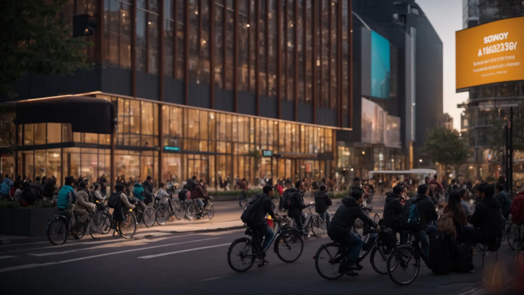 a vibrant community forum in an urban setting captures engaged residents discussing traffic solutions, with large presentation screens displaying safety strategies and a backdrop of bustling streets filled with cyclists and pedestrians.