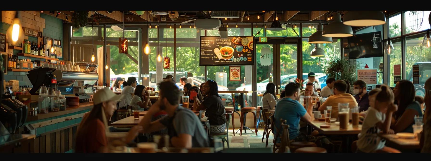 a vibrant community gathering in a cozy, well-lit local café, where families engage in lively conversations and participate in interactive activities, showcasing the spirit of togetherness and support fostered by acworth's local businesses.