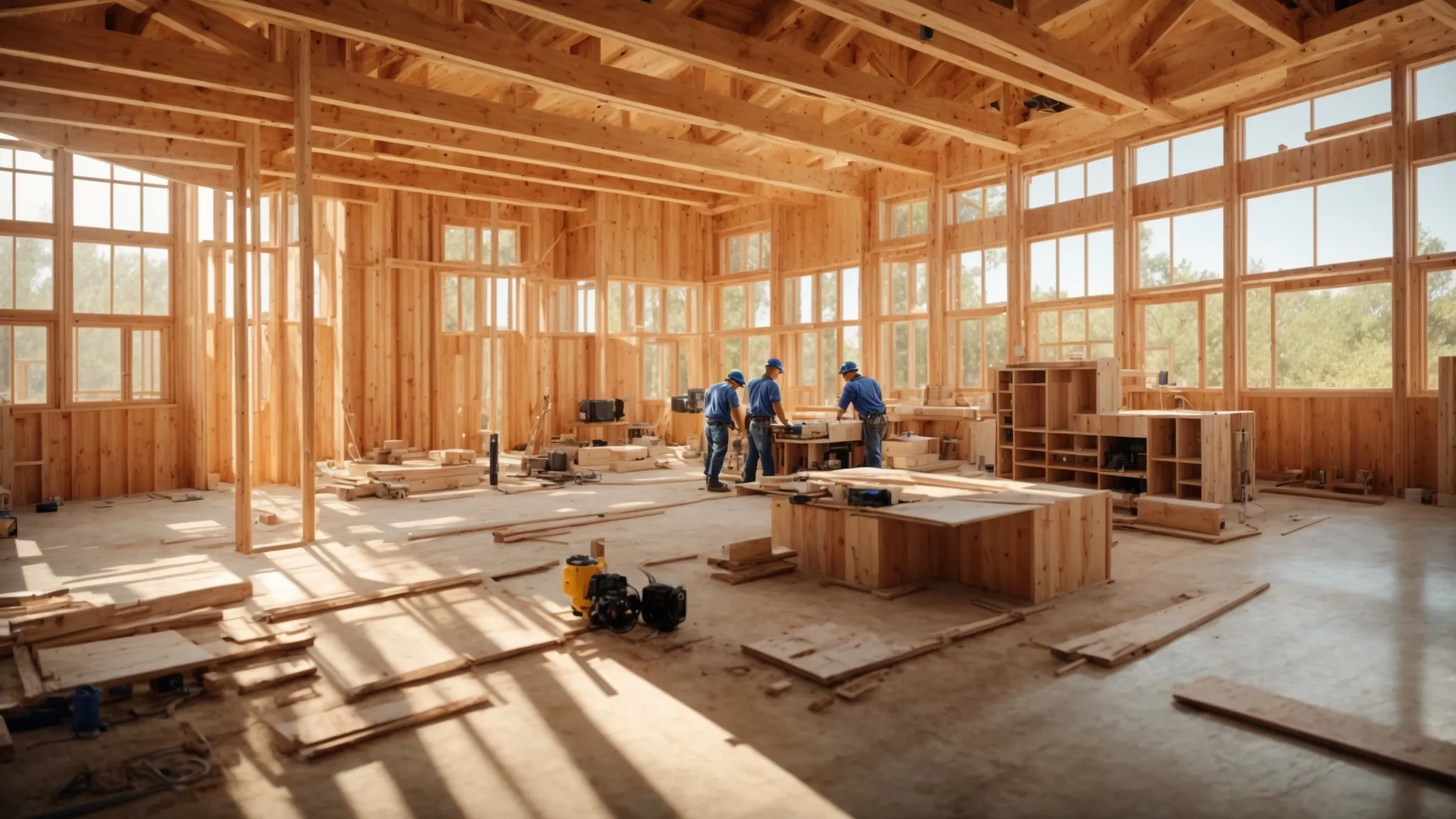 a vibrant construction site showcases a collaborative atmosphere as builders and designers engage in dynamic discussions, surrounded by blueprints and tools, under warm, natural lighting that highlights the streamlined communication central to the custom home-building process. a vibrant construction site showcases a collaborative atmosphere as builders and designers engage in dynamic discussions, surrounded by blueprints and tools, under warm, natural lighting that highlights the streamlined communication central to the custom home-building process.