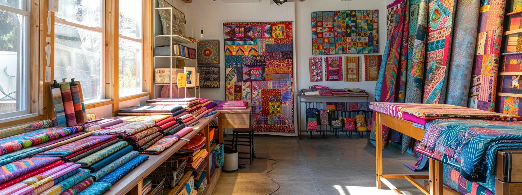 a vibrant, contemporary quilting studio filled with colorful fabrics and intricate quilt patterns displayed on the walls, showcasing the creative process behind the good vibrations quilt patterns.