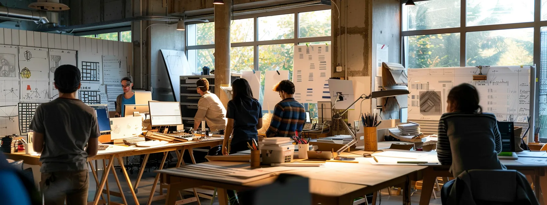 a vibrant, detailed architectural workspace showcases dynamic perspective drawings, complete with diverse line weights and textures, on illuminated drafting tables surrounded by creative professionals engaged in lively discussion.