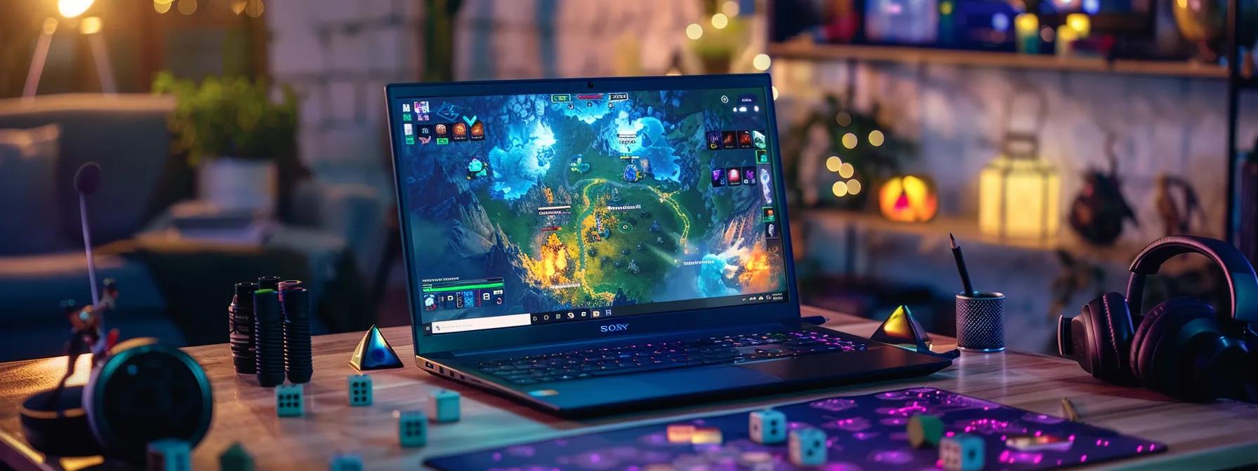 a vibrant digital tabletop gaming setup, featuring a brightly lit laptop screen displaying an interactive map and character sheets, surrounded by colorful gaming accessories, dice, and a headset in a cozy, modern home office environment. a vibrant digital tabletop gaming setup, featuring a brightly lit laptop screen displaying an interactive map and character sheets, surrounded by colorful gaming accessories, dice, and a headset in a cozy, modern home office environment.