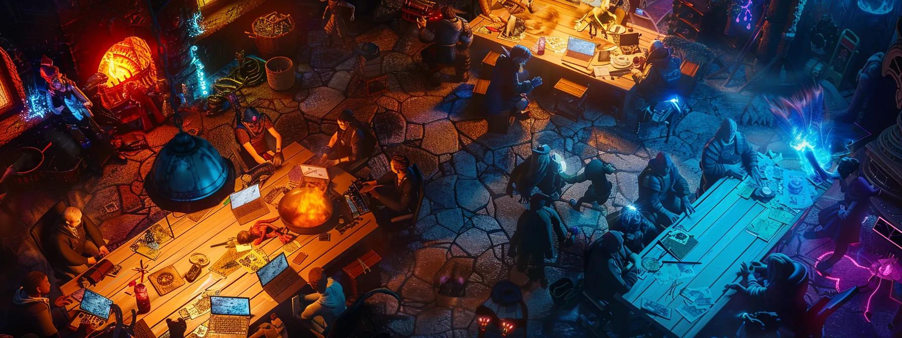 a vibrant digital workspace filled with diverse dungeons and dragons players engaged in animated discussions over character designs and gameplay strategies on laptops, surrounded by colorful art of fantasy worlds and characters. a vibrant digital workspace filled with diverse dungeons and dragons players engaged in animated discussions over character designs and gameplay strategies on laptops, surrounded by colorful art of fantasy worlds and characters.