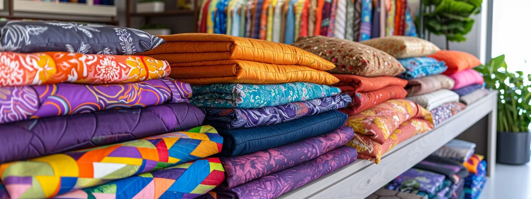 a vibrant display of riley blake quilt patterns, showcasing an array of colorful fabrics elegantly arranged on a modern quilting table in a well-lit studio, emphasizes the theme of creativity and good vibrations.