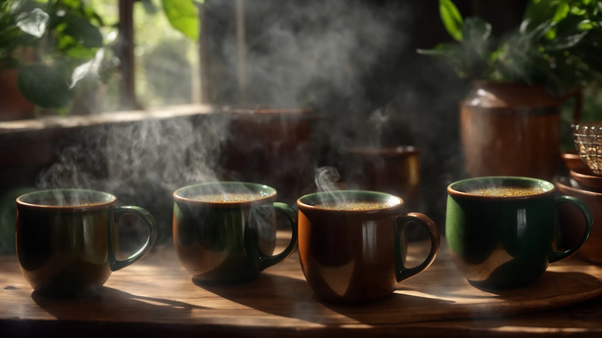 a vibrant display of steaming mugs filled with yerba mate and guayusa on a rustic wooden table, bathed in soft morning light, evoking a sense of warmth and energy that captures the essence of natural caffeine alternatives.