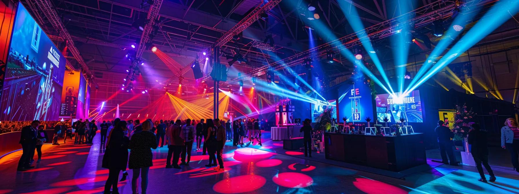 a vibrant event space bustling with excitement features a sleek display of high-tech laser guns, showcasing various rental packages, illuminated by dynamic led lighting that captivates attendees. a vibrant event space bustling with excitement features a sleek display of high-tech laser guns, showcasing various rental packages, illuminated by dynamic led lighting that captivates attendees.