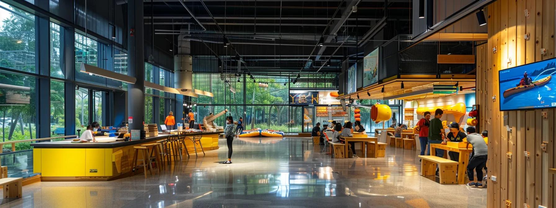 a vibrant, eye-catching indoor rafting center showcases enthusiastic participants engaged in an eco-friendly workshop, surrounded by informative displays about river ecosystems and conservation, emphasizing the blending of adventure with ecological education.