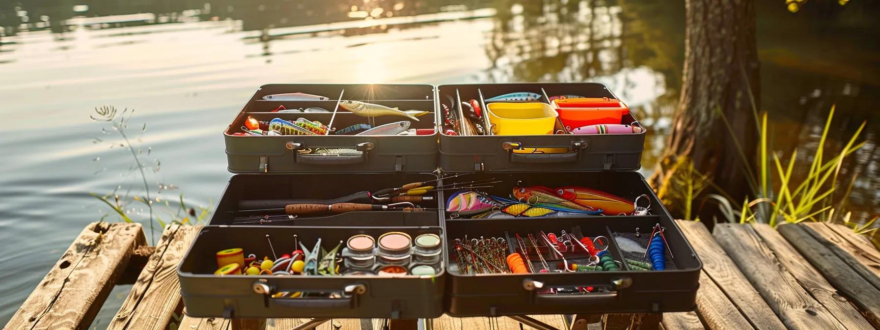 a vibrant fishing tackle box, meticulously arranged with colorful lures and tools, sits on a sun-drenched wooden dock beside a tranquil lake, inviting a day of successful fishing. a vibrant fishing tackle box, meticulously arranged with colorful lures and tools, sits on a sun-drenched wooden dock beside a tranquil lake, inviting a day of successful fishing.