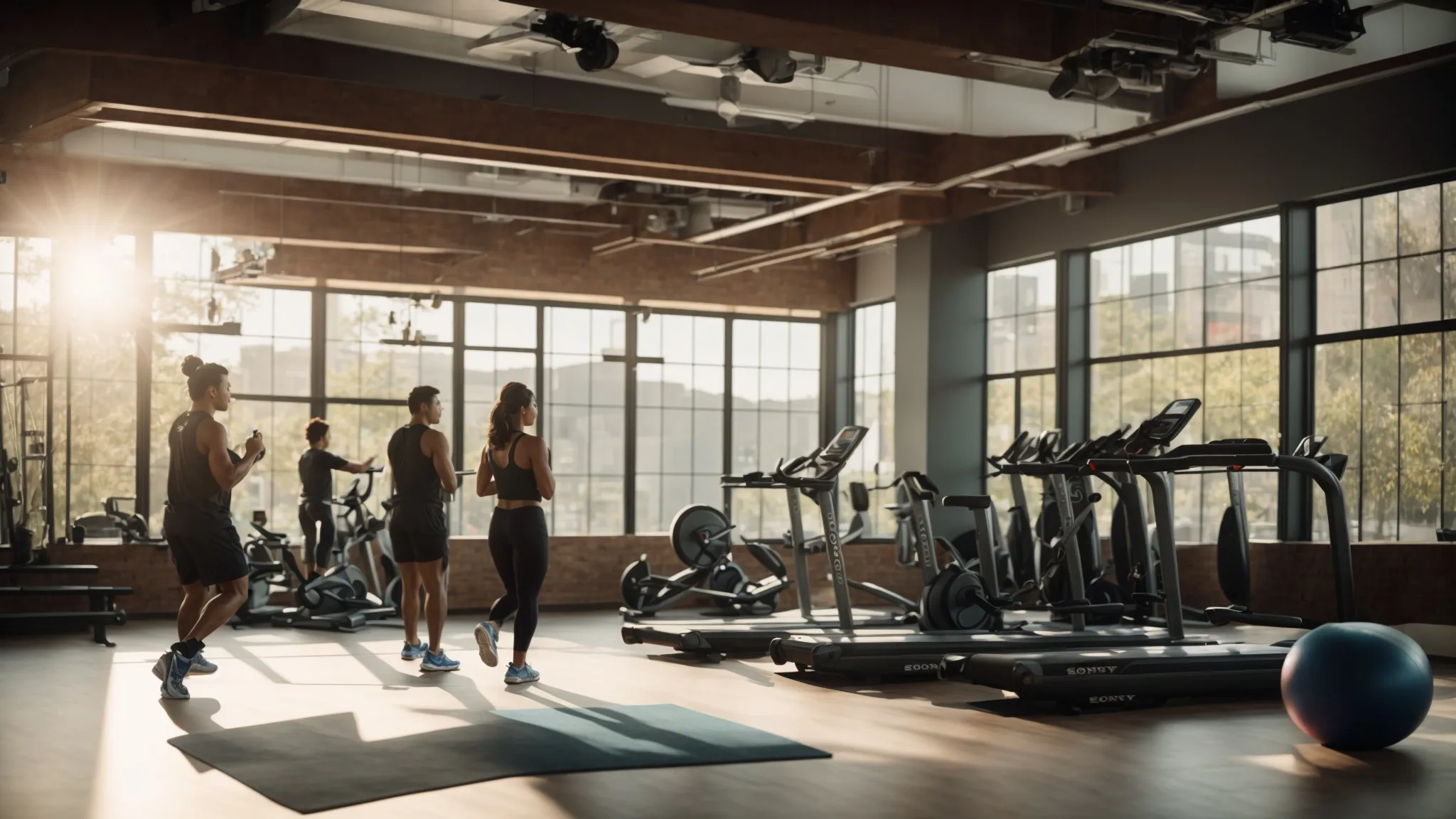 a vibrant fitness studio filled with active members engaged in a dynamic class, illuminated by soft natural light, showcasing a sleek digital management interface displayed on a prominent screen, symbolizing the integration of technology and fitness. a vibrant fitness studio filled with active members engaged in a dynamic class, illuminated by soft natural light, showcasing a sleek digital management interface displayed on a prominent screen, symbolizing the integration of technology and fitness.