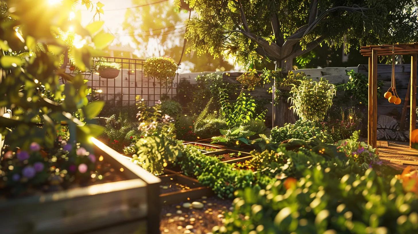 a vibrant garden overflowing with lush edible plants seamlessly integrates with a stylish modern home, showcasing a harmonious blend of beauty and sustainability under the warm glow of golden afternoon sunlight.