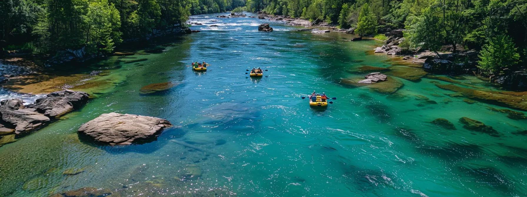 a vibrant group of rafters navigating the dynamic waters of the ocoee river, surrounded by strikingly clear blue water and rocky riverbanks, showcasing the importance of eco-friendly tourism and sustainable adventure practices.