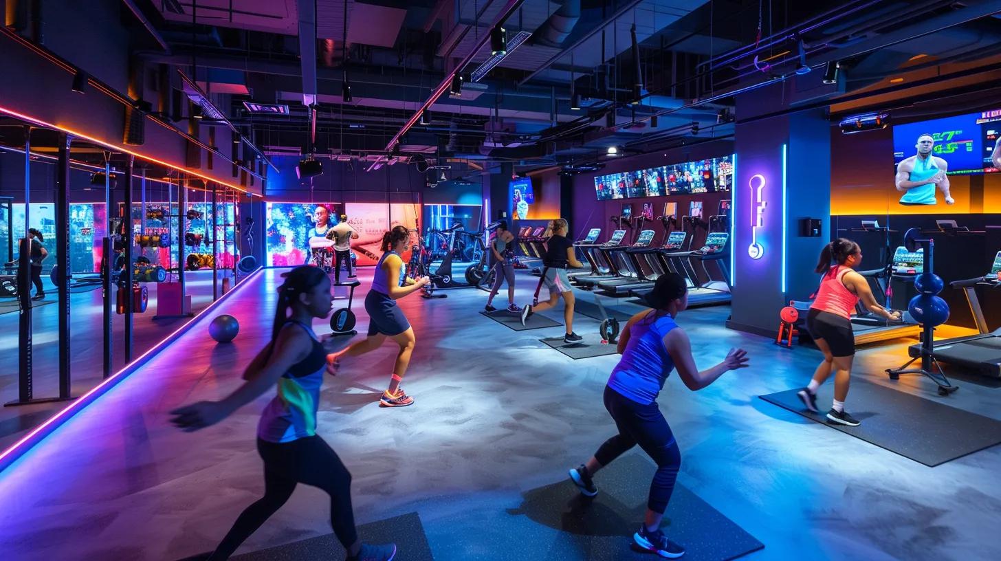 a vibrant gym filled with engaged members participating in a wellness program, surrounded by digital screens displaying data analytics and automated membership updates, creating an atmosphere of community and personalized fitness experiences. a vibrant gym filled with engaged members participating in a wellness program, surrounded by digital screens displaying data analytics and automated membership updates, creating an atmosphere of community and personalized fitness experiences.