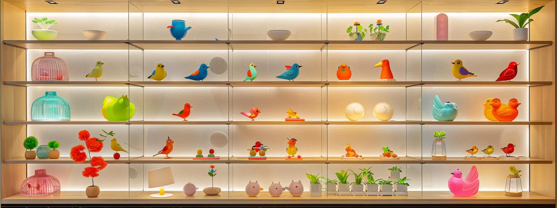 a vibrant indoor display showcases an array of colorful and safe bird toys made from natural, non-toxic materials, arranged artfully on sleek shelves against a modern, minimalistic backdrop to emphasize their playful and durable design. a vibrant indoor display showcases an array of colorful and safe bird toys made from natural, non-toxic materials, arranged artfully on sleek shelves against a modern, minimalistic backdrop to emphasize their playful and durable design.