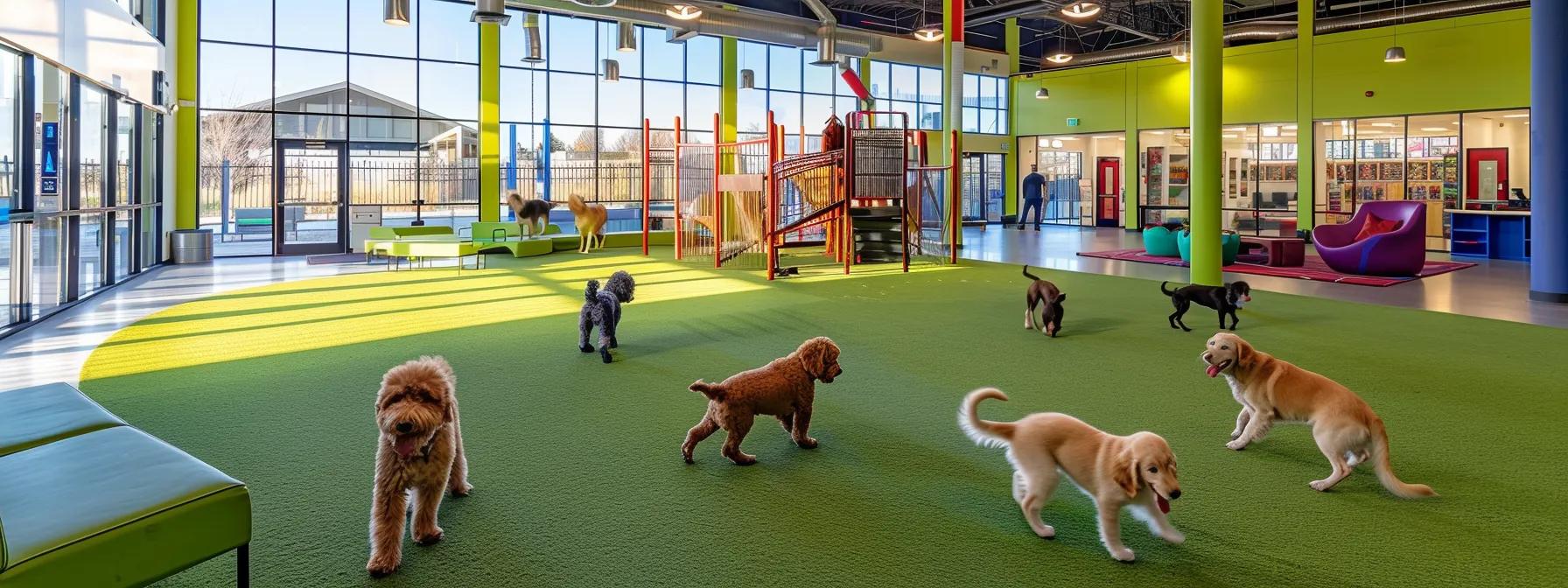 a vibrant indoor dog boarding facility showcases energetic goldendoodles and labrador retrievers engaged in varied play activities under the watchful guidance of skilled staff, emphasizing the importance of structured exercise regimens for canine wellbeing.