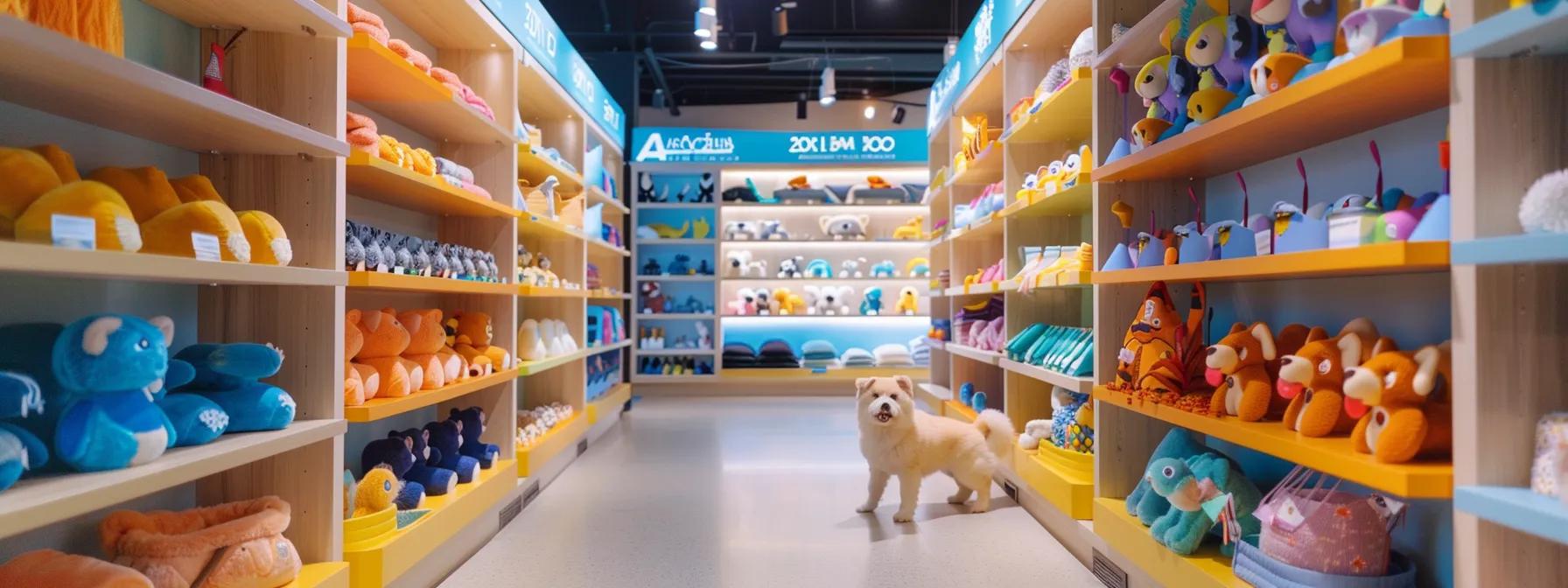 a vibrant indoor pet shop setting showcases a selection of eco-friendly plush dog toys displayed on sleek shelves, emphasizing their colorful designs and sustainable materials, while an inquisitive dog excitedly investigates the playful offerings. a vibrant indoor pet shop setting showcases a selection of eco-friendly plush dog toys displayed on sleek shelves, emphasizing their colorful designs and sustainable materials, while an inquisitive dog excitedly investigates the playful offerings.