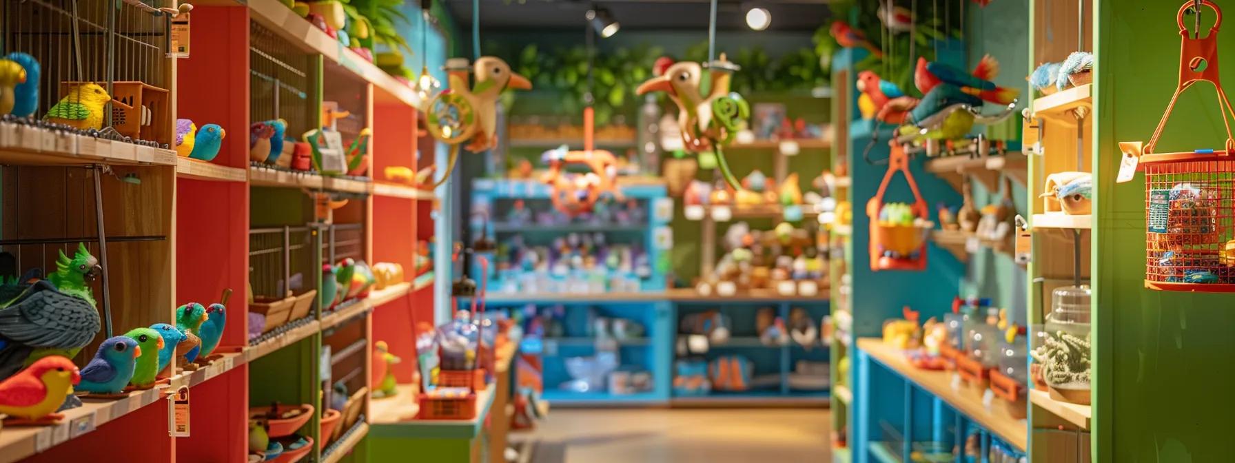 a vibrant indoor pet store display showcases an array of colorful bird toys, including foraging, puzzle, and swing toys, each designed to promote parrot engagement and well-being, with clear labels highlighting their benefits and recommended bird species. a vibrant indoor pet store display showcases an array of colorful bird toys, including foraging, puzzle, and swing toys, each designed to promote parrot engagement and well-being, with clear labels highlighting their benefits and recommended bird species.