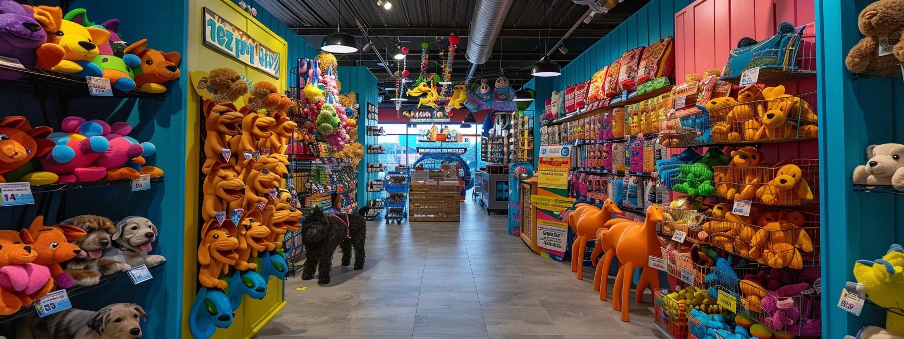 a vibrant indoor pet store display showcases a variety of durable fetch toys specifically designed for large dog breeds, with vivid colors and textures that highlight their safety and engagement features. a vibrant indoor pet store display showcases a variety of durable fetch toys specifically designed for large dog breeds, with vivid colors and textures that highlight their safety and engagement features.