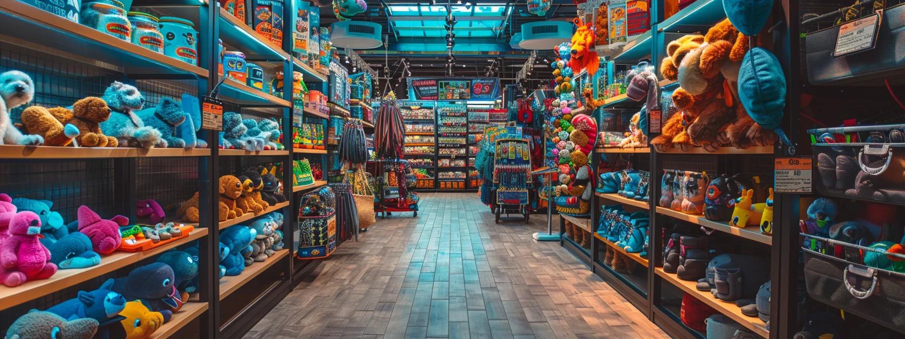 a vibrant indoor pet store displays a variety of durable fetch toys for large dogs, showcasing their robust materials and vibrant colors against a backdrop of organized shelving and playful dog-themed decor. a vibrant indoor pet store displays a variety of durable fetch toys for large dogs, showcasing their robust materials and vibrant colors against a backdrop of organized shelving and playful dog-themed decor.