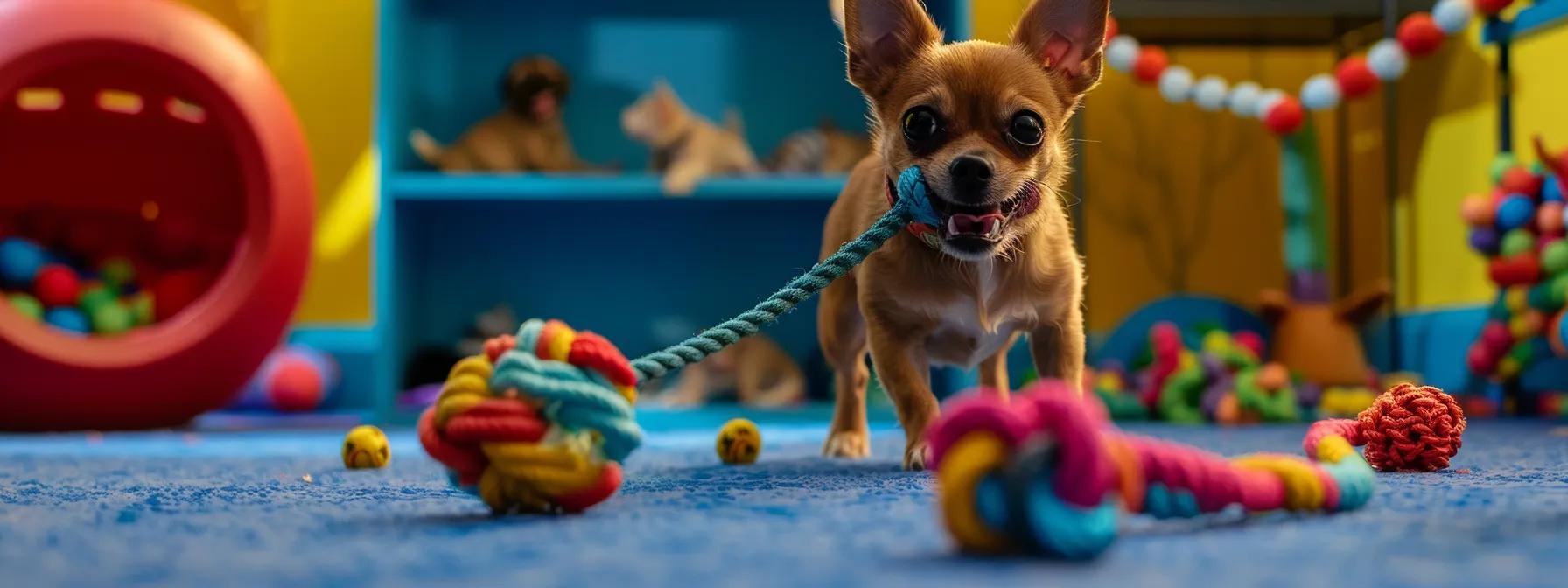 a vibrant indoor playroom scene showcases an energetic small dog joyfully tugging on a colorful rope toy, surrounded by a variety of engaging toys that highlight the benefits of interactive play and mental stimulation. a vibrant indoor playroom scene showcases an energetic small dog joyfully tugging on a colorful rope toy, surrounded by a variety of engaging toys that highlight the benefits of interactive play and mental stimulation.
