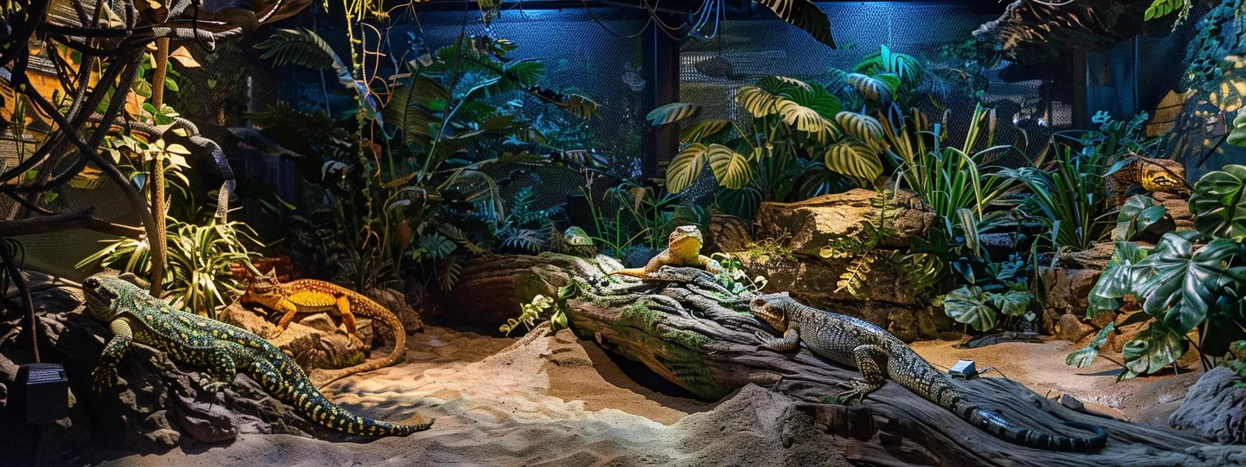 a vibrant indoor reptile habitat showcases various species basking under specialized uvb lighting, highlighting their natural thermoregulation behaviors in a thoughtfully designed environment. a vibrant indoor reptile habitat showcases various species basking under specialized uvb lighting, highlighting their natural thermoregulation behaviors in a thoughtfully designed environment.