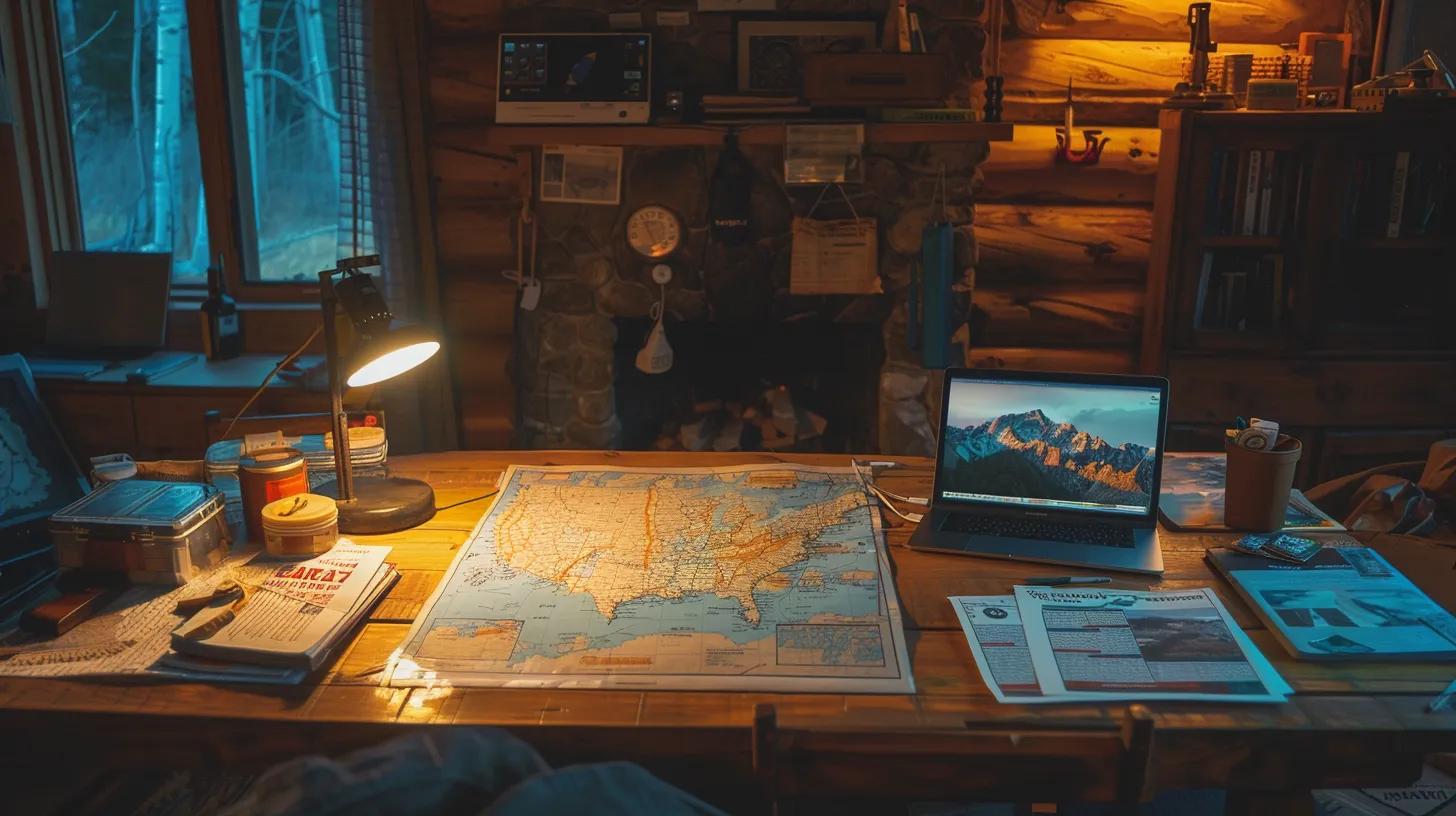 a vibrant indoor scene in a cozy cabin, showcasing a detailed, colorful trail map spread across a rustic wooden table, with hiking guides and a laptop displaying interactive maps, all illuminated by warm, inviting light to evoke a sense of adventure and exploration in the blue ridge area.