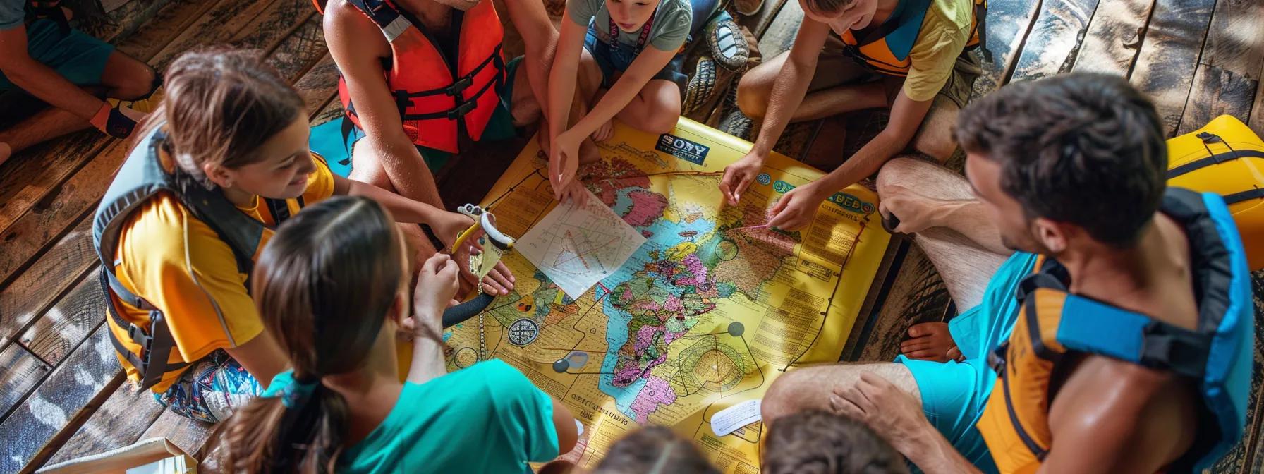 a vibrant indoor setting captures a group of families engaged in an enthusiastic planning session with a rafting guide, surrounded by detailed safety equipment and charts, emphasizing both excitement and the importance of communication and safety precautions for a memorable adventure.