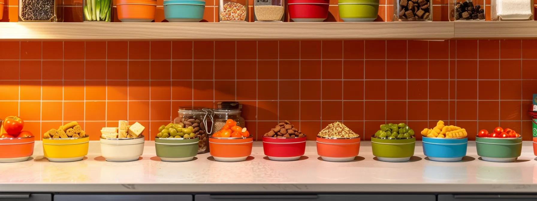 a vibrant kitchen counter displays a variety of creatively arranged homemade dog meals and treats, showcasing freeze-dried dog treats blended with kibble, warm broth, and colorful vegetables in modern, stylish bowls. a vibrant kitchen counter displays a variety of creatively arranged homemade dog meals and treats, showcasing freeze-dried dog treats blended with kibble, warm broth, and colorful vegetables in modern, stylish bowls.