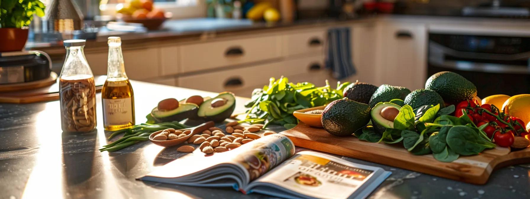 a vibrant kitchen counter is adorned with an array of colorful, vitamin e-rich foods like avocados, almonds, and spinach, artfully arranged around an open cookbook, showcasing the theme of healthy meal preparation.