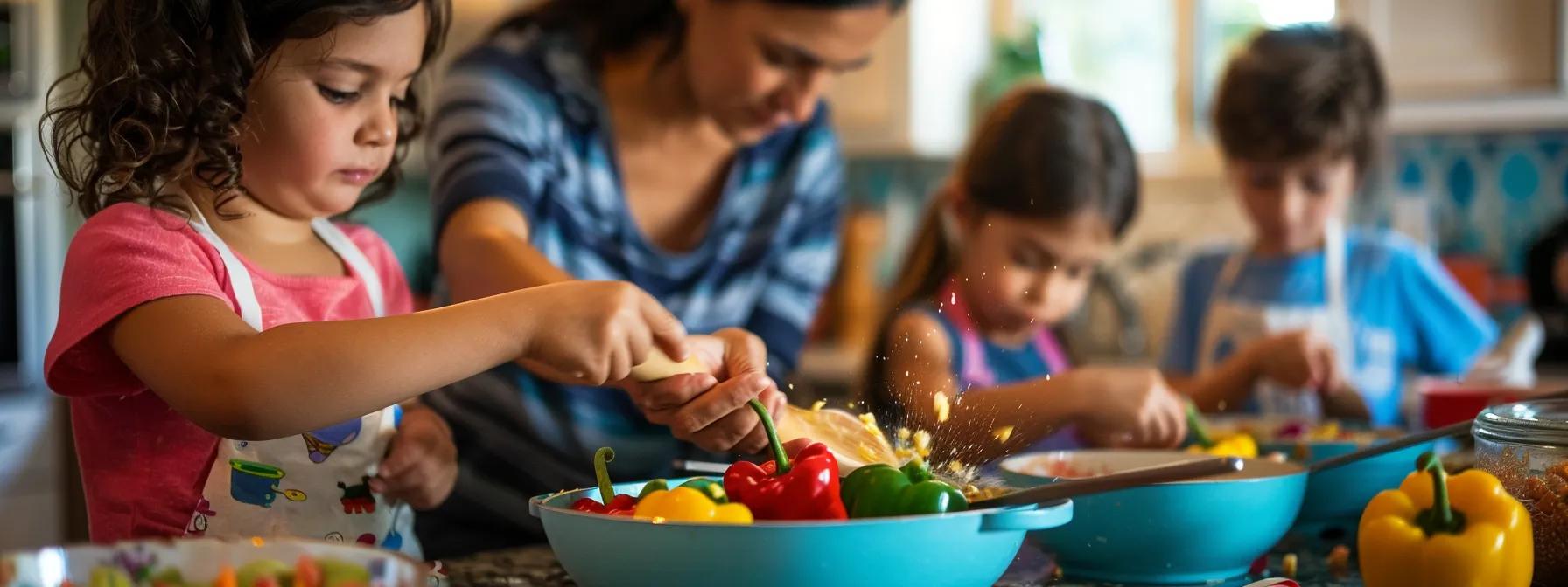 a vibrant kitchen scene captures young children eagerly engaged in cooking activities, stirring colorful ingredients in mixing bowls while collaborating with a parent, emphasizing teamwork and hands-on learning. a vibrant kitchen scene captures young children eagerly engaged in cooking activities, stirring colorful ingredients in mixing bowls while collaborating with a parent, emphasizing teamwork and hands-on learning.