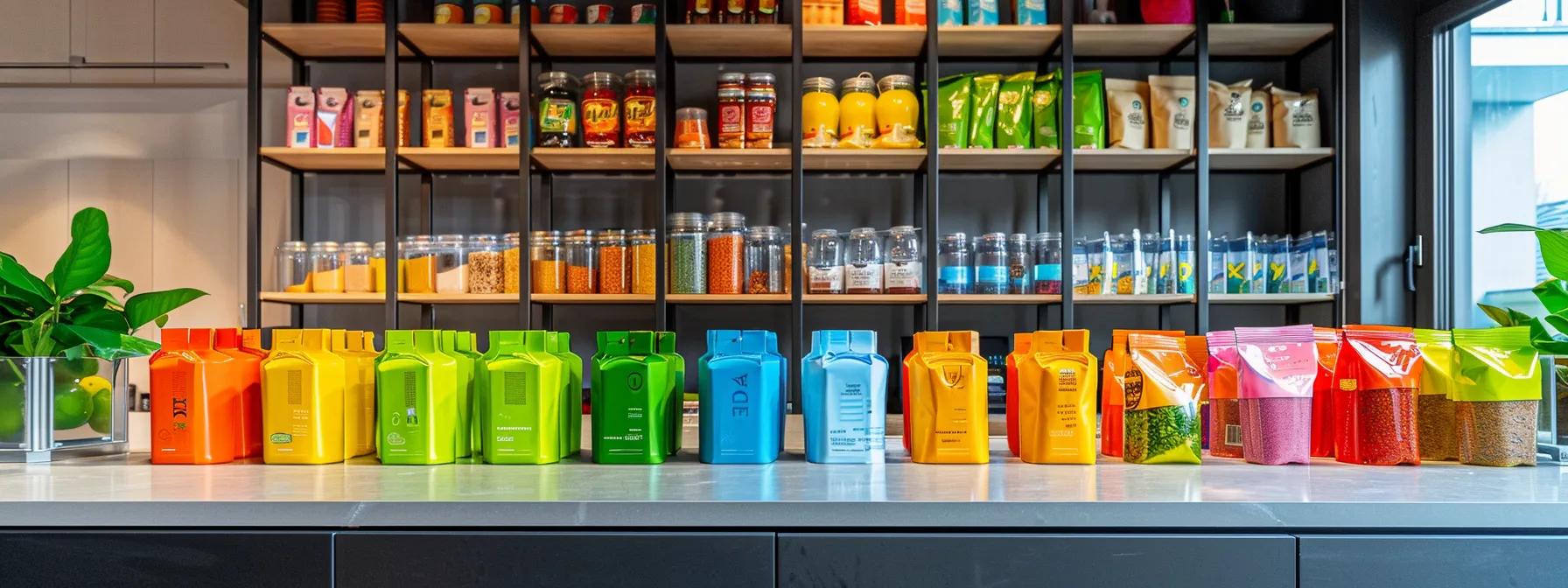 a vibrant kitchen scene features a sleek countertop showcasing an array of colorful wet dog food pouches and cans, emphasizing convenience and variety for pet owners amid a backdrop of modern, minimalist design elements. a vibrant kitchen scene features a sleek countertop showcasing an array of colorful wet dog food pouches and cans, emphasizing convenience and variety for pet owners amid a backdrop of modern, minimalist design elements.