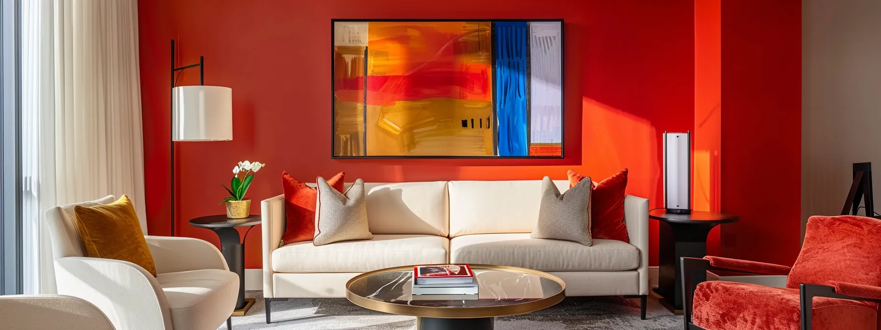 a vibrant living room with a bold red accent wall, plush velvet textures, and modern artwork creating a striking statement in a modern home. a vibrant living room with a bold red accent wall, plush velvet textures, and modern artwork creating a striking statement in a modern home.