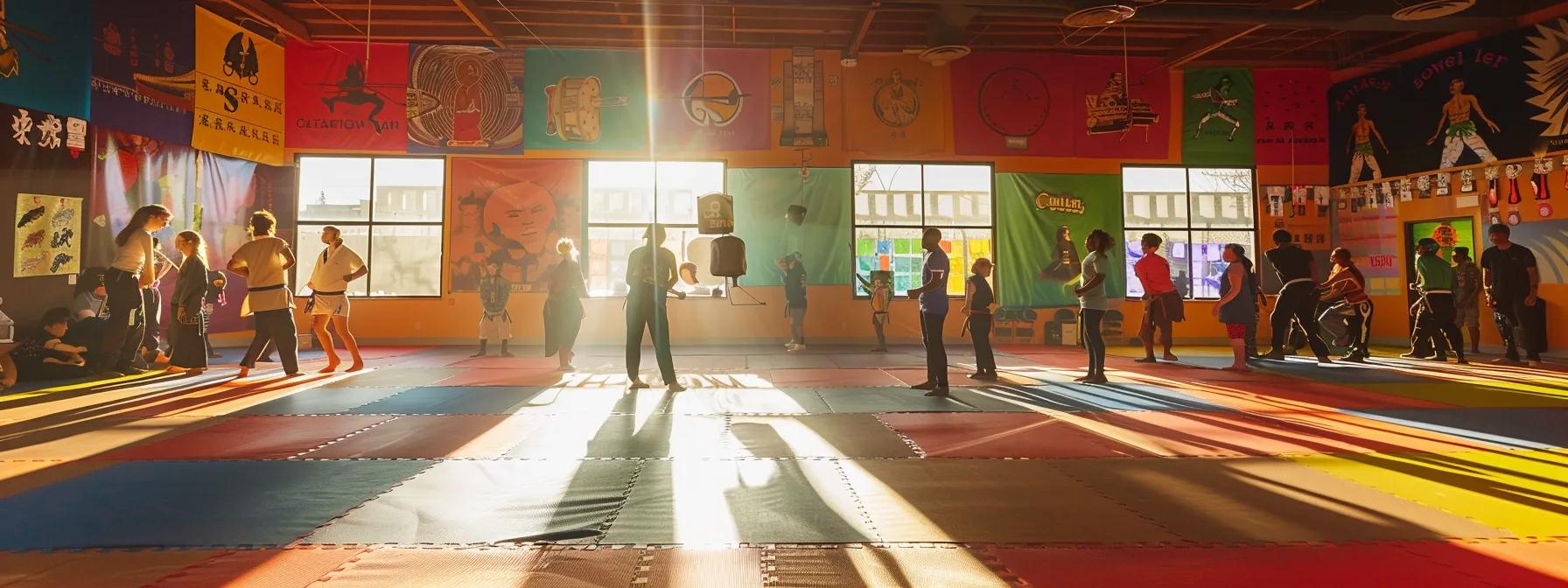a vibrant martial arts classroom filled with engaged students practicing together, showcasing a rich tapestry of interaction and camaraderie against a backdrop of colorful wall banners and training mats, highlighting the importance of community and belonging.