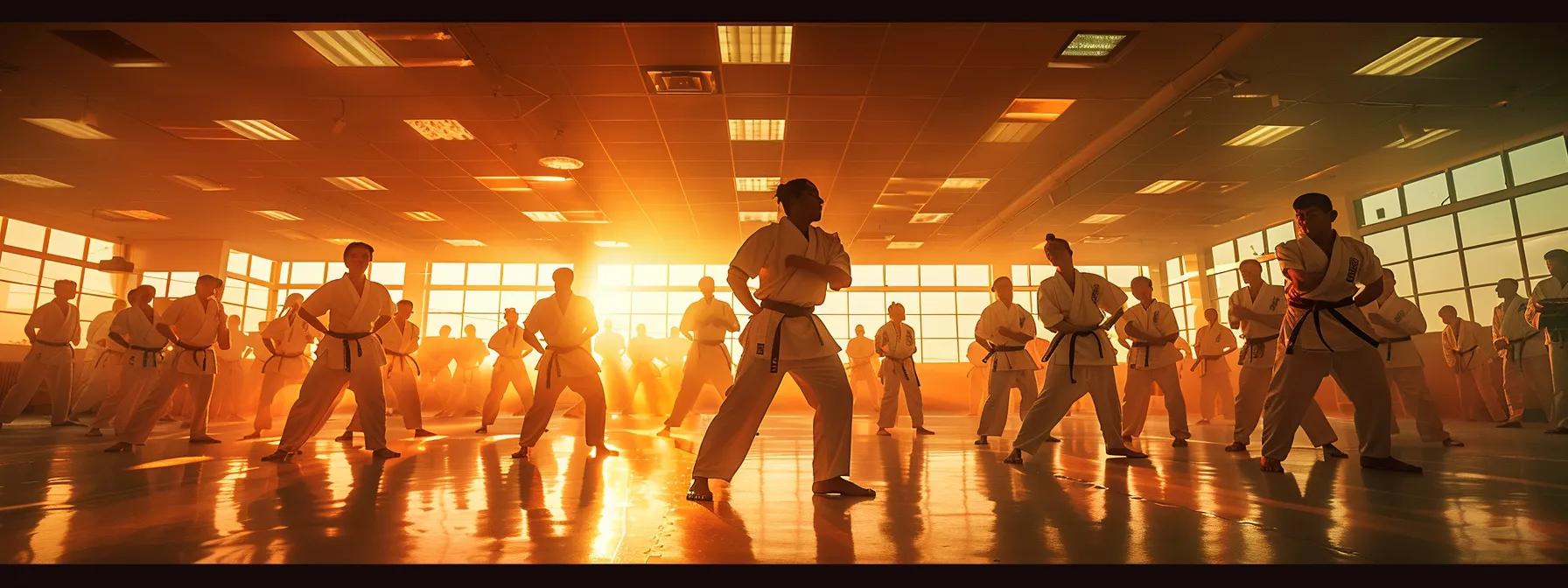 a vibrant martial arts dojo filled with focused students in dynamic training poses, showcasing their skill improvements and personal growth under the attentive guidance of a passionate instructor, illuminated by strategic lighting that emphasizes the energy and dedication of the environment.