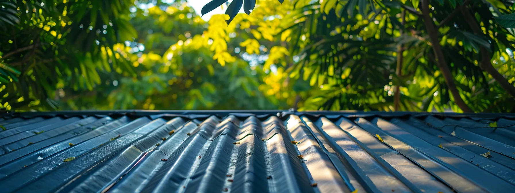 a vibrant metal roof gleaming under the filipino sun, contrasting with lush green foliage in the background. a vibrant metal roof gleaming under the filipino sun, contrasting with lush green foliage in the background.