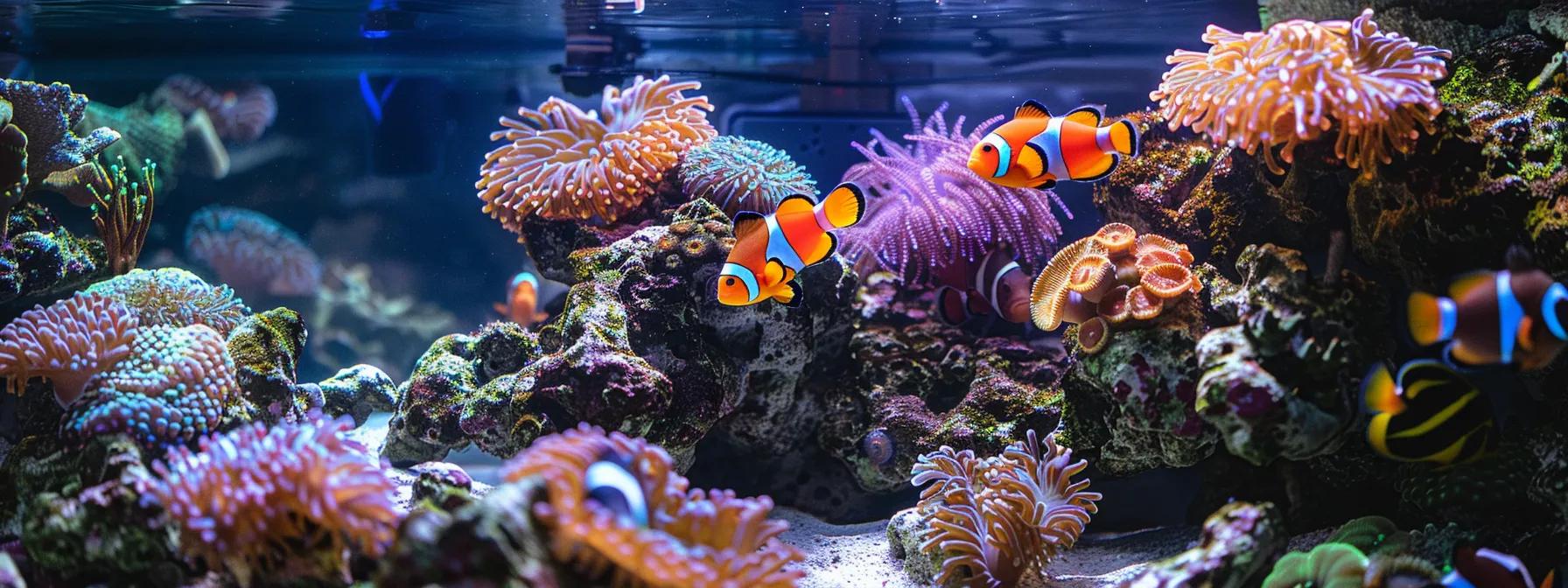 a vibrant, meticulously arranged saltwater aquarium showcases a pair of hardy ocellaris clownfish and a serene banggai cardinalfish amidst colorful coral and rocks, illuminated by soft, ambient lighting to highlight the dynamic underwater ecosystem.