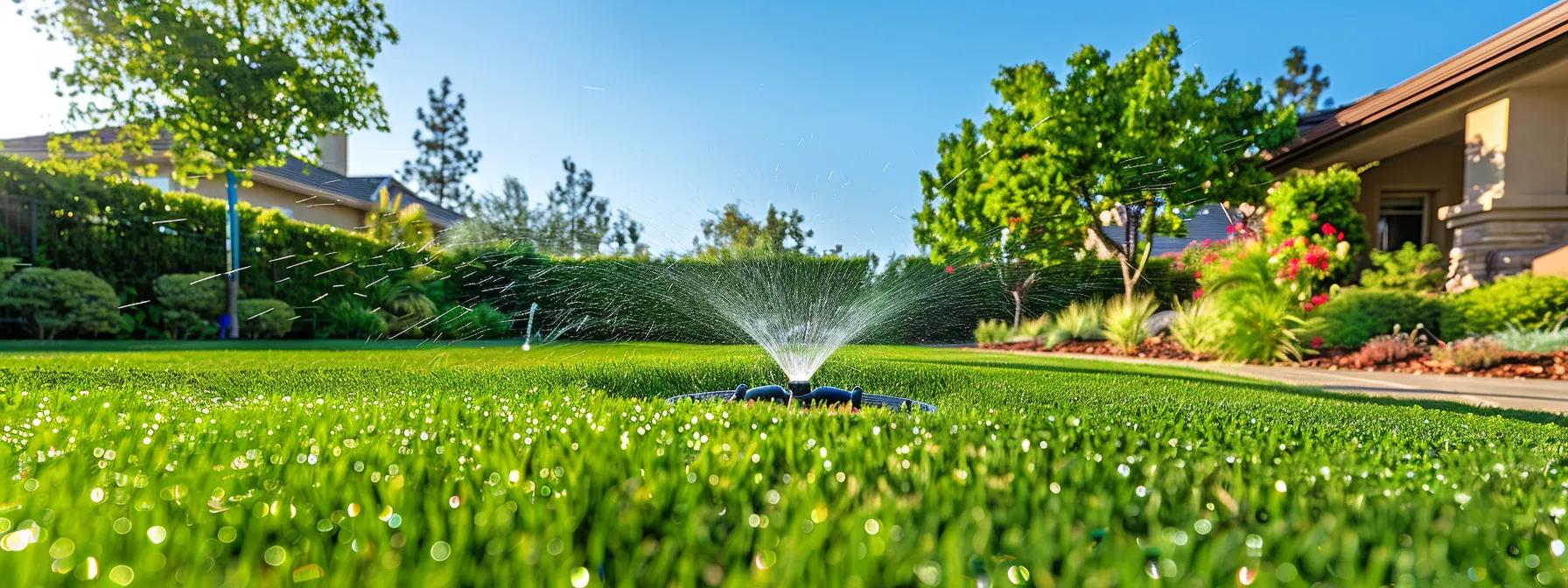 a vibrant, meticulously maintained residential lawn showcases optimal watering practices, with a modern irrigation system visibly in action under a clear blue sky, emphasizing lush greenery and healthy grass.