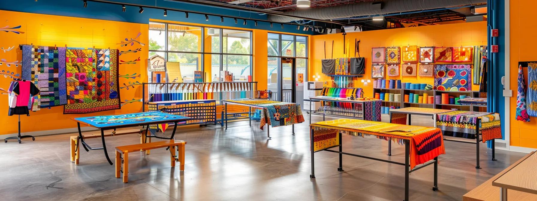 a vibrant, meticulously organized quilting studio showcases a long arm quilting machine in action, surrounded by colorful spools of thread and intricate quilt designs draped across tables, emphasizing the artistry and precision of advanced quilting techniques. a vibrant, meticulously organized quilting studio showcases a long arm quilting machine in action, surrounded by colorful spools of thread and intricate quilt designs draped across tables, emphasizing the artistry and precision of advanced quilting techniques.