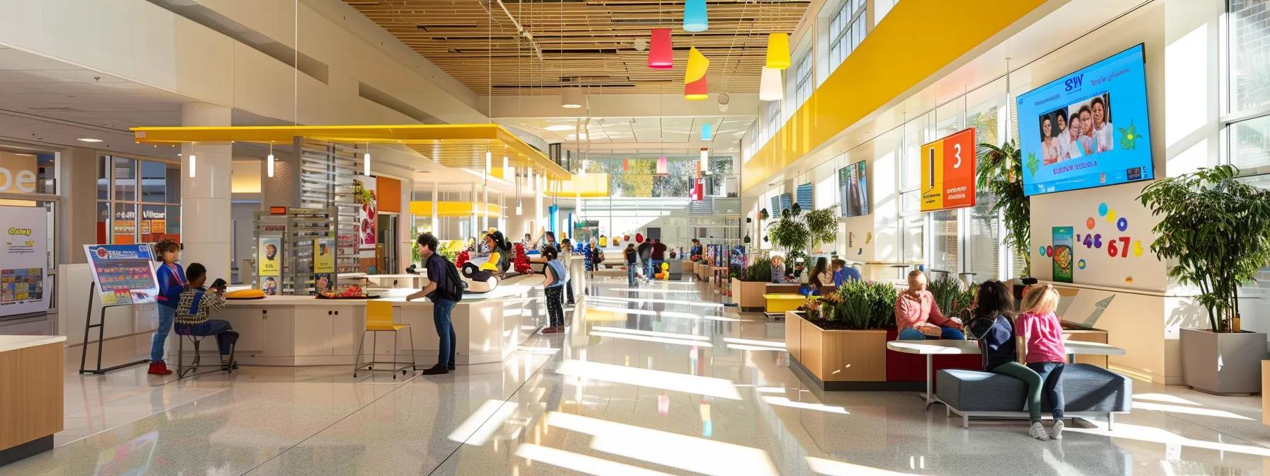 a vibrant, modern childcare center bustling with families engaging in community events, highlighted by colorful banners promoting enrollment and digital screens showcasing testimonials, all under warm indoor lighting that fosters a welcoming atmosphere.