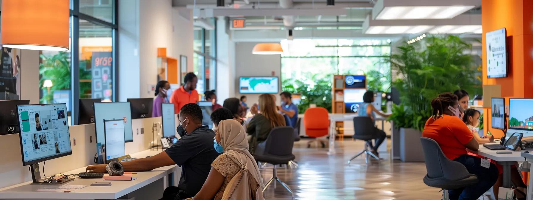 a vibrant, modern family support center in atlanta, bustling with diverse families engaging with friendly staff at sleek, colorful workstations, showcasing a sense of community and assistance. a vibrant, modern family support center in atlanta, bustling with diverse families engaging with friendly staff at sleek, colorful workstations, showcasing a sense of community and assistance.