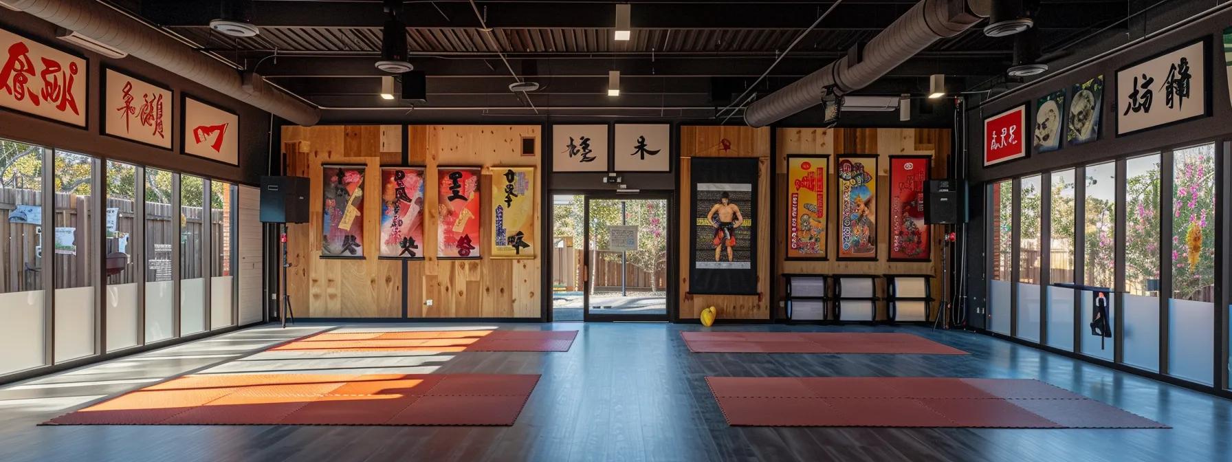 a vibrant, modern martial arts dojo filled with diverse students engaged in dynamic training, showcasing energetic branding posters on the walls that emphasize the benefits of martial arts for personal growth and community.