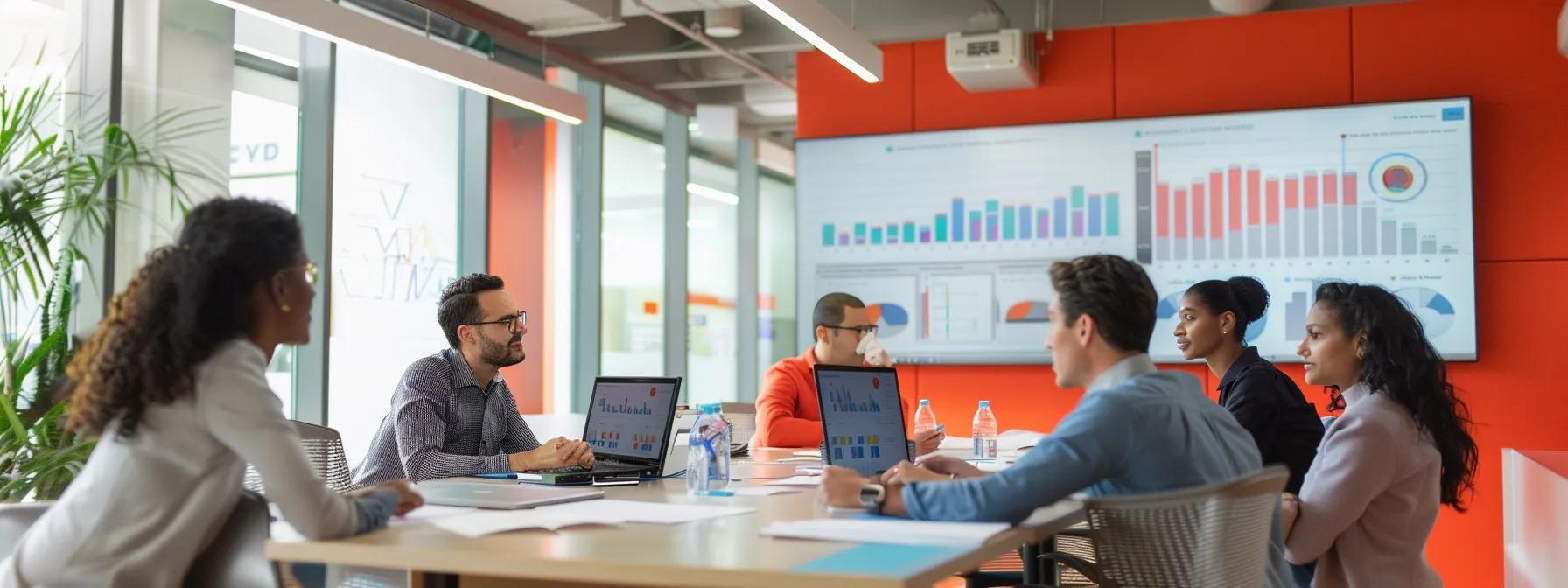 a vibrant, modern office environment showcases a collaborative team discussing innovative childcare marketing strategies around a sleek conference table, with enrollment automation charts prominently displayed on digital screens.