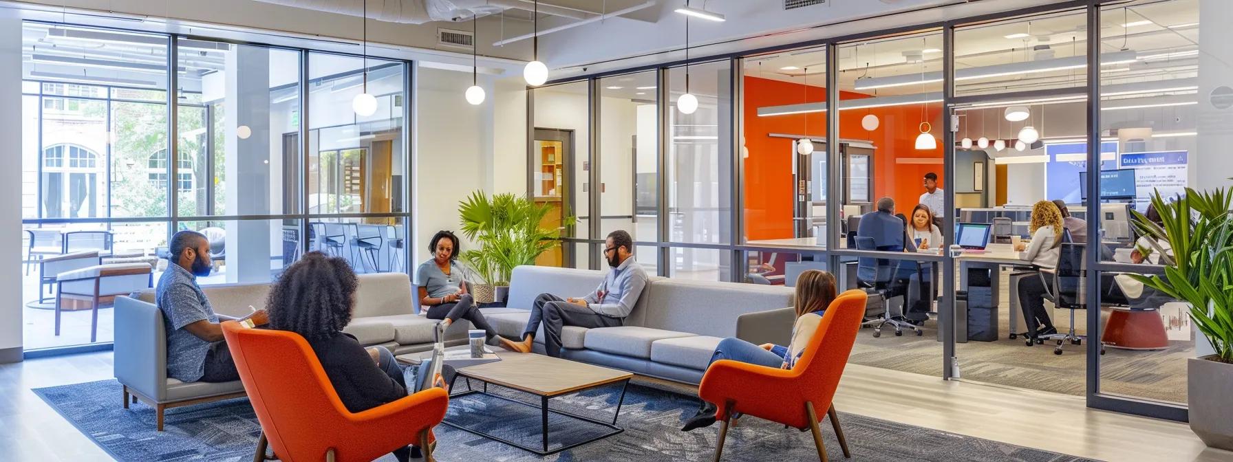 a vibrant, modern office space in west end atlanta showcases diverse professionals engaged in collaborative discussions, emphasizing essential family support services such as financial planning and legal advice against a backdrop of structured organization and community connection.